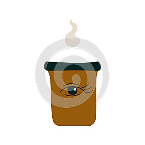 Ceramic mug with the image of a charry with a hot drink. A porcelain cup with tea or coffee with smoke or steam. Vector