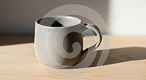 A ceramic mug sits on a light wooden surface, illuminated by soft, natural lighting. The mug is