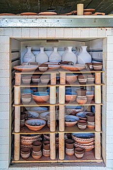 Ceramic objects decorated and placed in the oven for drying