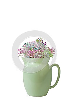 ceramic pale light green jug with small colorful gypsophila flower. Isolate.