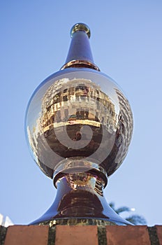 Ceramic pinnacle with Carolina Coronado Theater reflection. Almendralejo, Spain