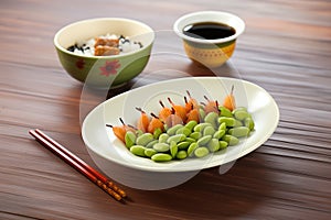 ceramic plate of edamame with soy sauce dip on side