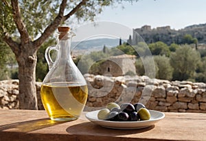 Ceramic plate full of selected olives and glass carafe of olive oil stand on rustic wooden table. Greek landscape and