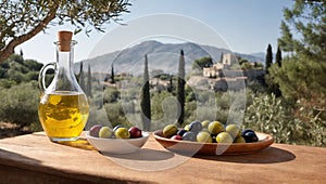 Ceramic plate full of selected olives and glass carafe of olive oil stand on rustic wooden table. Greek landscape in