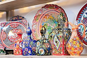 Ceramic plates and other souvenirs for sale on Arab baazar located inside the walls of the Old Cit