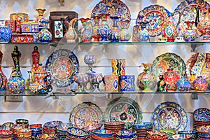 Ceramic plates and other souvenirs for sale on Arab baazar located inside the walls of the Old Cit