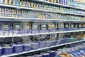 Ceramic plates and other souvenirs for sale on Arab baazar located inside the walls of the Old City of Jerusalem