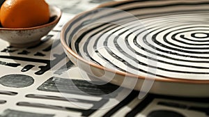 A ceramic platter adorned with a minimalist black and white pattern of inter lines.