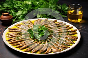 ceramic platter with marinated anchovies and fresh parsley