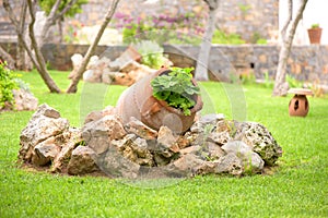 Ceramic pot with geranium plant as a decoration in a greek garden