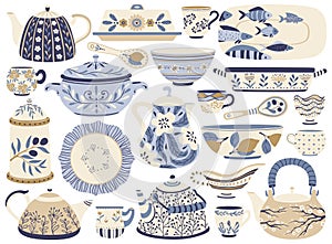 Ceramic pottery. Porcelain teapots, kettles, cups, mugs, bowls, plates, jugs. Faience kitchen crockery or tableware with