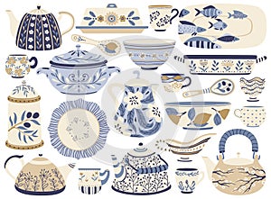Ceramic pottery. Porcelain teapots, kettles, cups, mugs, bowls, plates, jugs. Faience kitchen crockery or tableware with photo