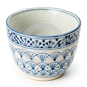 Ceramic sake cup with blue pattern isolated on white background