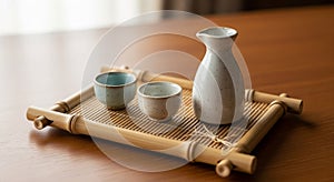 A ceramic sake set on a bamboo tray includes a slender sake carafe and two small cups. The carafe