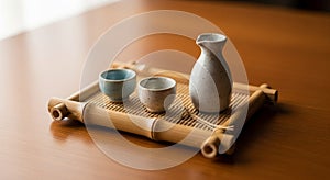 Ceramic sake set with two cups and a small pitcher, placed on a rectangular bamboo tray with