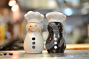 Ceramic salt and pepper shakers on the kitchen counter.