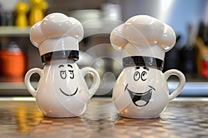 Ceramic salt and pepper shakers on the kitchen counter.