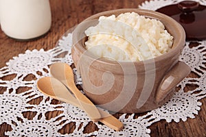 Ceramic saucepan with milk rice porridge