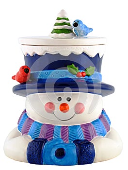 Ceramic snowman smiling and wearing winter clothing