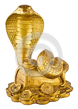 Ceramic statuette of snake on barrel with money