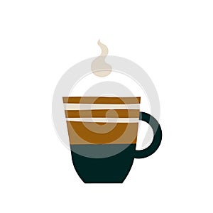 Ceramic striped mug with a hot drink. A porcelain cup with tea or coffee with smoke or steam. Vector illustration in a
