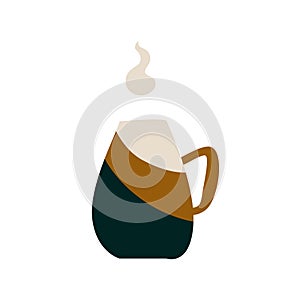 Ceramic striped mug with a hot drink. A porcelain cup with tea or coffee with smoke or steam. Vector illustration in a