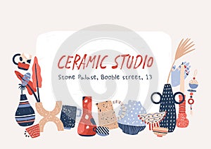 Ceramic studio products hand drawn vector banner template. Porcelain home decor accessories. Modern handcrafted pottery