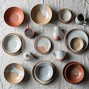 Of ceramic tableware is arranged on a textured, neutral-colored fabric