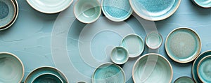 Ceramic tableware in blue and green tones displayed on a textured blue background
