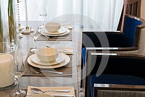 Ceramic tableware on the marble worktop