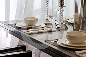 Ceramic tableware on the marble worktop