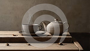 Wabi-sabi ceramic tea set with soft light and organic textures