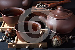 Ceramic tea set with green tea close up