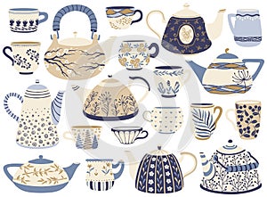 Ceramic teapot and cup. Porcelain tea kettles, coffee mugs with decorative elements. Hand drawn ornamented teapots and