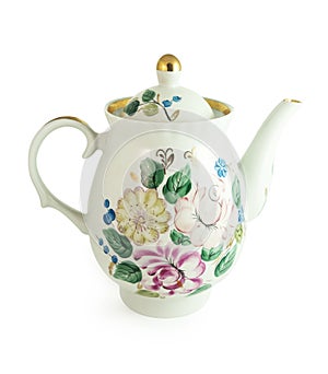 Ceramic teapot with floral pattern isolated on white with clipping path