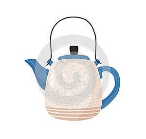Ceramic teapot isolated on white background. Cute tea kettle in retro style. Hand drawn kitchen crockery. Graphic