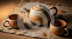 A ceramic teapot and two cups