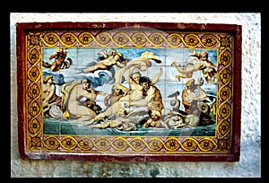 Ceramic tile depicting the Abduction of Proseprina,, by Hades.