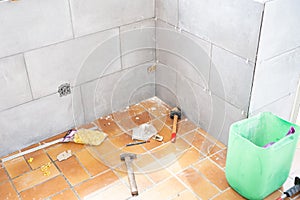 Ceramic tile installation site with its tools