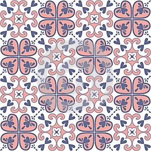 Ceramic tile mosaic, vector illustration. Violet pink lilac pastel color ornate seamless pattern