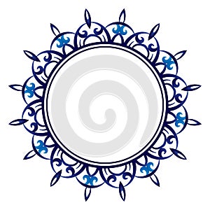 Ceramic tile pattern. Decorative round ornament. White background with art frame. Islamic, indian, arabic motifs.