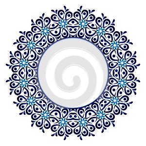 Ceramic tile pattern. Decorative round ornament. White background with art frame. Islamic, indian, arabic motifs.
