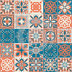Ceramic tile with square patterns orange blue color, ceramic tile design vector Illustration