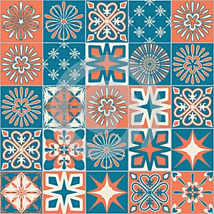 Ceramic tile with square patterns orange blue color, trendy patchwork ceramic tile
