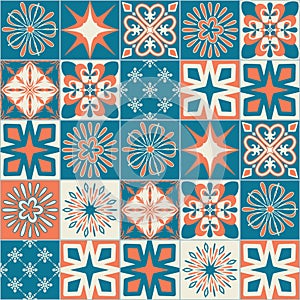 Ceramic tile with square patterns orange blue color, trendy patchwork ceramic tile design vector Illustration