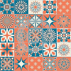 Ceramic tile with square patterns orange blue color, trendy patchwork ceramic tile design