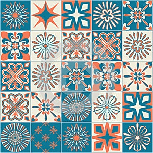 Ceramic tile with square patterns orange blue color, trendy patchwork ceramic tile