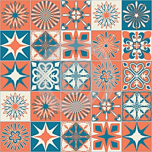 Ceramic tile with square patterns orange blue color, trendy patchwork ceramic tile