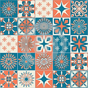 Ceramic tile with square patterns orange blue color, trendy patchwork ceramic tile design