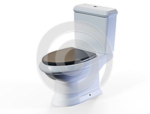 Ceramic Toilet Bowl Isolated on White. Modern Floor Mounted Flush Toilet with Top Spud Side View. Flushing Toilet Soft Closing